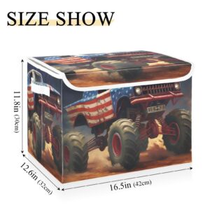 YMGQYJ American Monster Truck Storage Cube with Lid Collapsible, Large Capacity Foldable Storage Basket Bin Organizer 16.5×12.6×11.8 inches