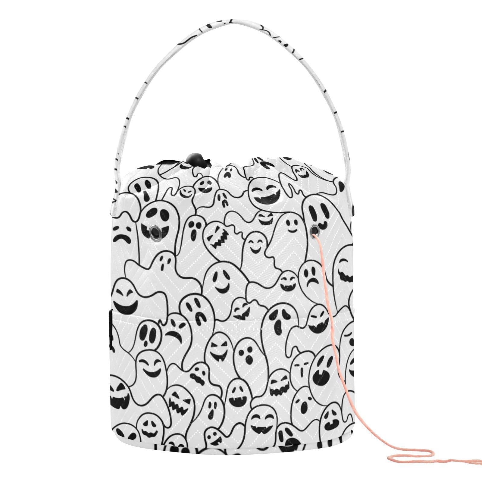 Aslsiy Yarn Bag Black and White Funny Ghosts Small Crochet Bag Knitting Project Bag for Yarns Crochet Accessories Gifts for Crocheter Knitter