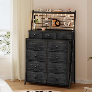 EnHomee 51"H,Dresser for Bedroom with 11 Fabric Drawers,Tall Dresser with LED Lights,Black Dressers & Chests of Drawers for Bedroom,Drawers for Bedroom,Living Room,Closet,Wooden Top,Steel Frame,Black