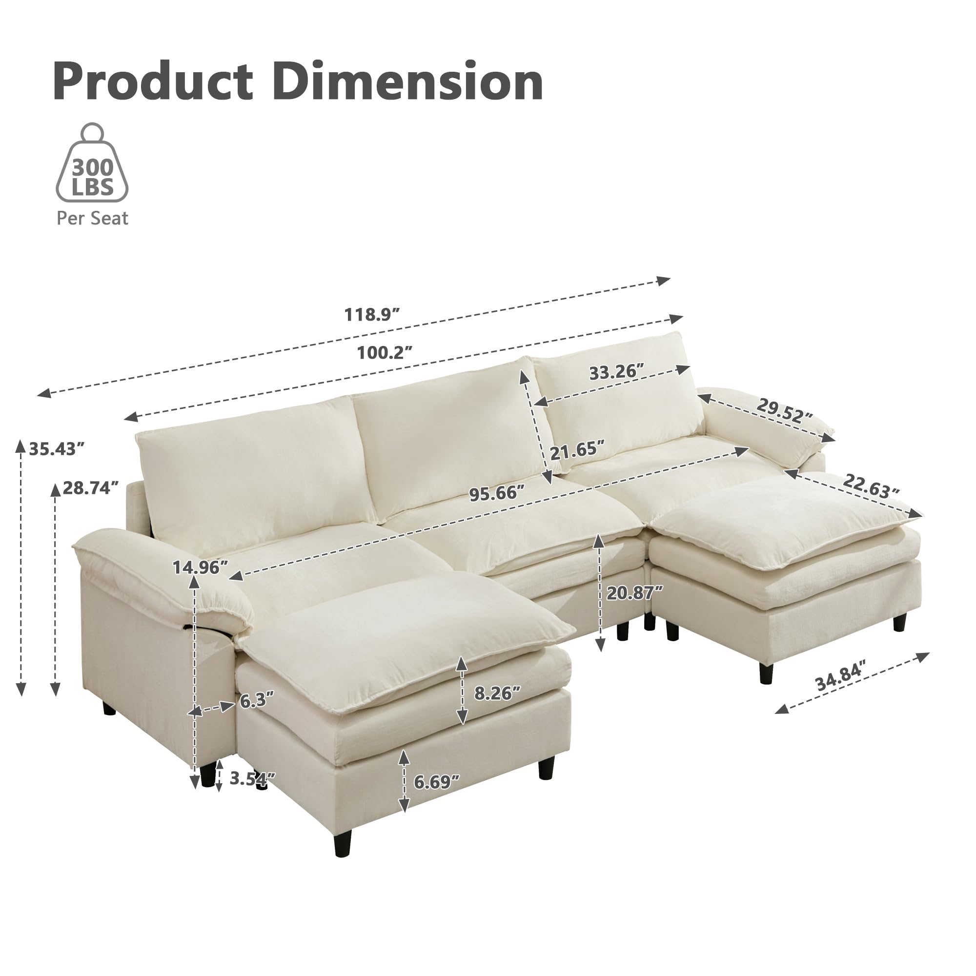 Aoowow Modular Sectional Sofa Modern Convertible U Shaped Couch,118.9 Inch Deep 3-Seater Sofas Set Comfy Chenille Cloud Sofas and Couches with Movable Ottoman for Living Room Apartment(Beige)