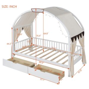 VilroCaz Multi-Functional Twin Size Daybed with 2 Drawers and Arched Roof Canopy, Solid Wood House Bed with Fabrics Curtain and Light Strip for Kids Teens Boys Girls, Sturdy Slat Support (White-Arch)