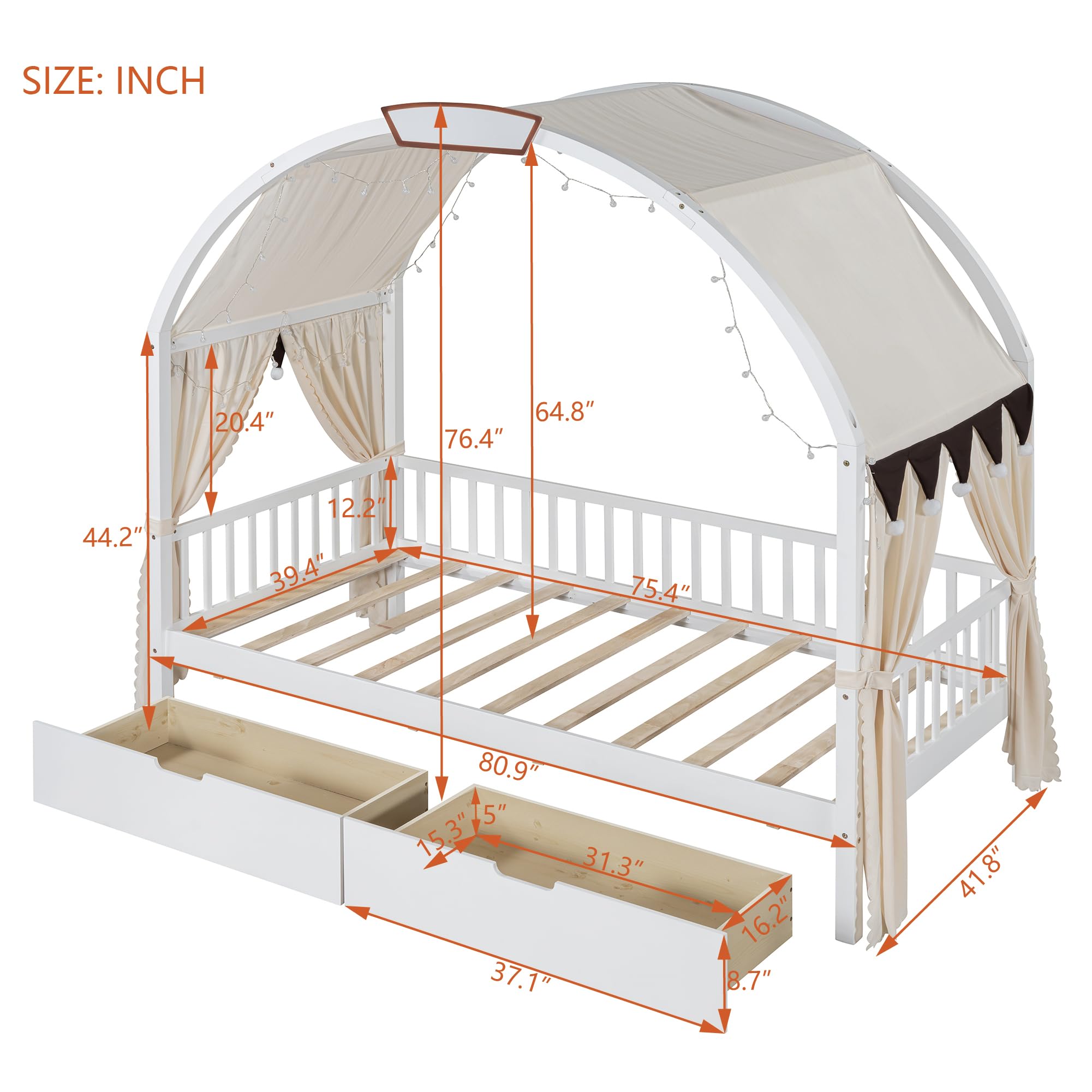 VilroCaz Multi-Functional Twin Size Daybed with 2 Drawers and Arched Roof Canopy, Solid Wood House Bed with Fabrics Curtain and Light Strip for Kids Teens Boys Girls, Sturdy Slat Support (White-Arch)