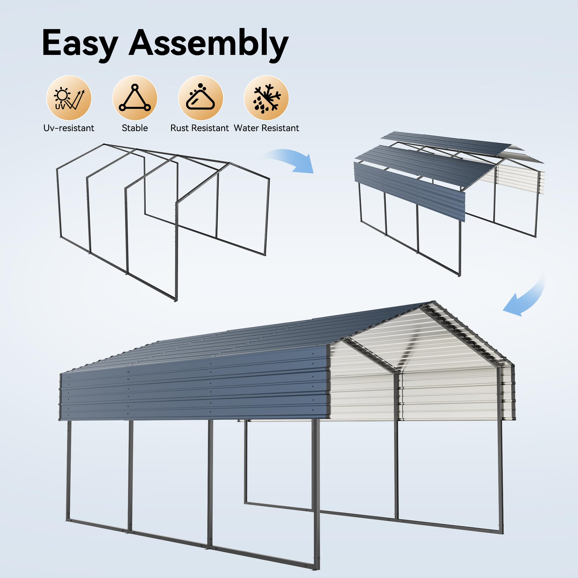 Metal Carport 10'x15'x8.5' Ft Heavy Duty Grey Galvanized Steel Roof Multi-Use Shelter Canopy with Metal Frame, Prefab Carport Garage for Cars, Boats, and Tractors