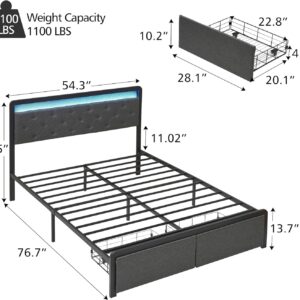 IDEALHOUSE Queen Bed Frame with 2 Storage Drawers, LED Lights Upholstered Platform Bed with Heavy Duty Metal Slats, No Box Spring Needed, Noise Free, Easy Assembly