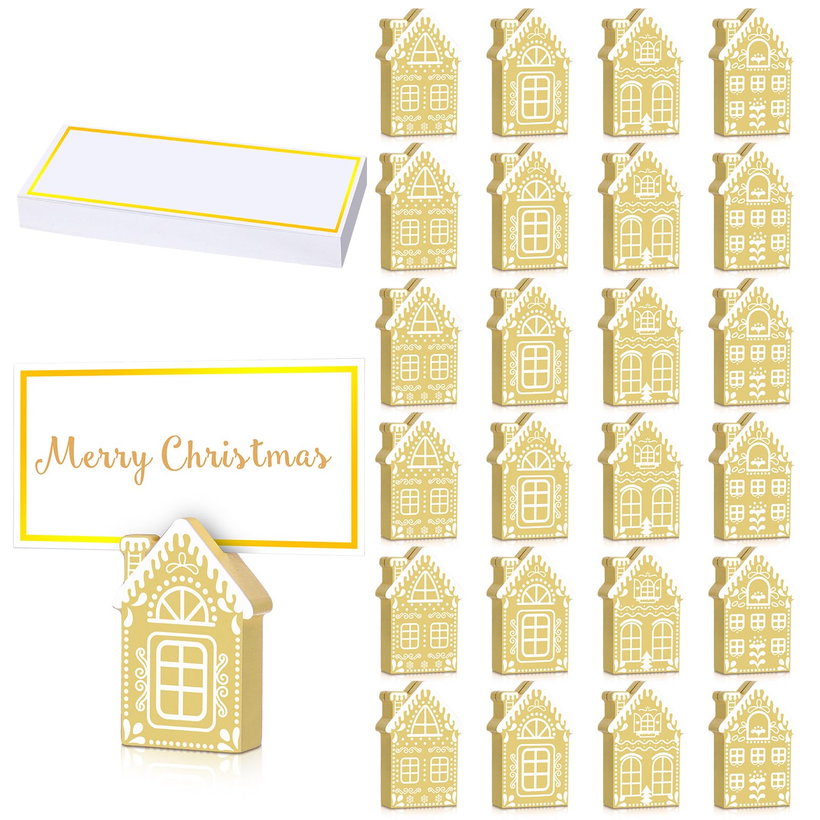 Fullhawl 24 Pcs Christmas Gingerbread House Place Card Holders with 35 Pcs Name Cards Ginger Yellow Wooden Rustic Christmas Wooden Christmas Decoration for Christmas Dinner Table Xmas Party Favors