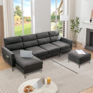 ipkig 110" u-shaped sectional sofa couch, linen fabric convertible l-shaped couch 4 seater sofa set with chaise lounge, ottoman and side pockets for living room home office (linen, dark grey)