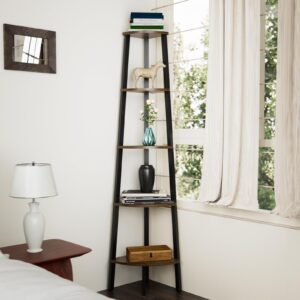 pitmoto corner shelf stand,5-tier corner bookshelf storage standing unit with metal frame,corner bookcase plant stand for living room,home office,bedroom,bathroom,rustic brown