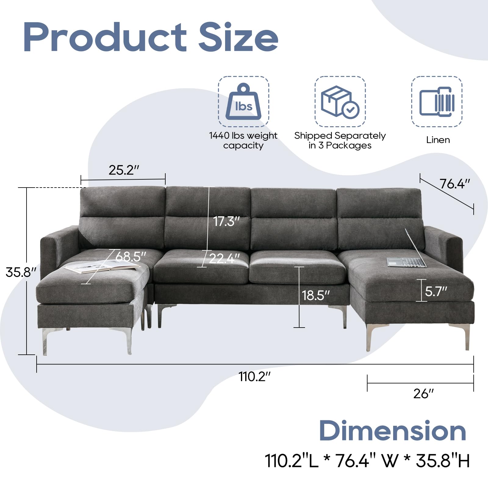 IPKIG 110" U-Shaped Sectional Sofa Couch, Linen Fabric Convertible L-Shaped Couch 4 Seater Sofa Set with Chaise Lounge, Ottoman and Side Pockets for Living Room Home Office (Linen, Dark Grey)