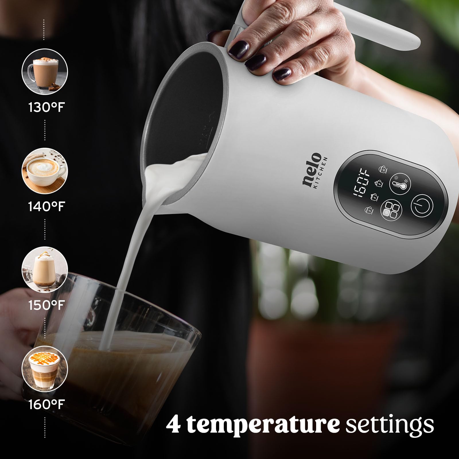 NELO Electric Milk Frother, 4 In 1 Digital Milk Frother and Steamer with Real-Time Temperature Control, Automatic Frother for Coffee, Latte, Hot Chocolate, Cappuccinos, BPA Free Stainless Steel, White