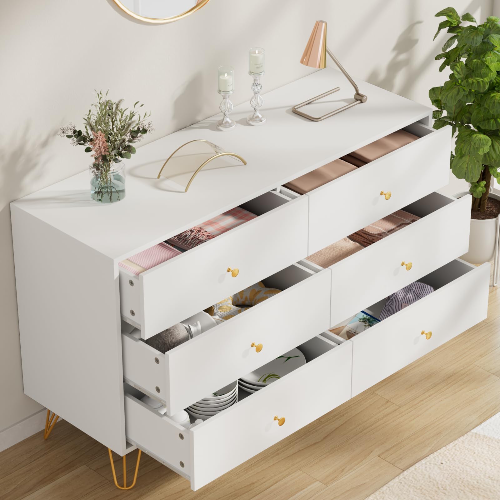 CARPETNAL White Dresser for Bedroom, 6 Drawer Dresser with Wide Drawers and Gold Metal Handles, Wood Dressers & Chest of Hallway, Nursery.