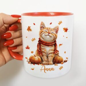 Hyturtle Personalized Fall Cat Mug - Cat Gifts For Women - Autumn Cat Gift For Cat Lovers - Fall Gift - Fall Autumn Decor Gift - Cat Gifts - Pet Gifts - Custom Name Coffee Cup Ceramic Mug 11oz - 15oz