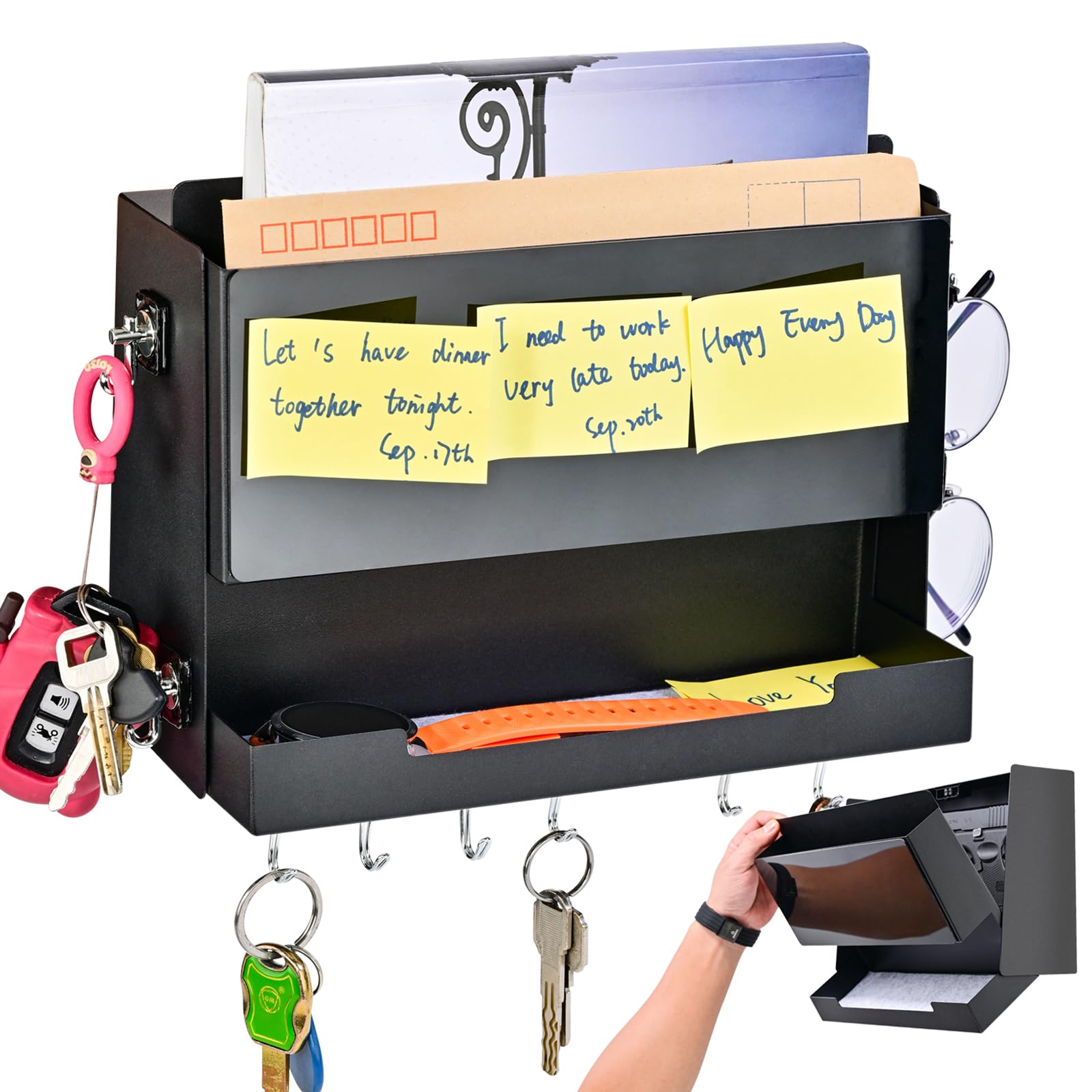 MODorlia Wall Key Holder and Mail Organizer, with Independent Hidden Space (with Hidden Lock), Including Wallet Holder, Message Board, Letter Storage Space, Equipped with 11 Hooks.