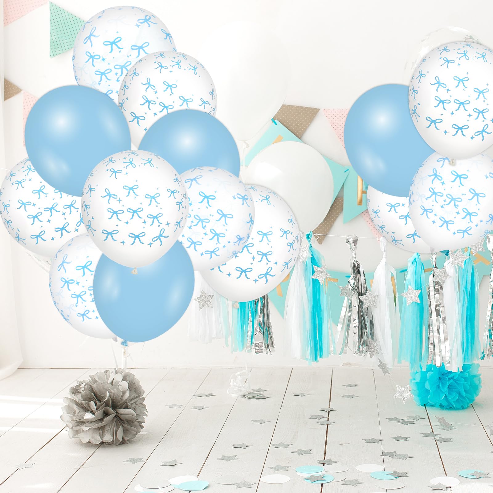 JarThenaAMCS 30Pcs Party Decoration Blue Bow Latex Balloon 12 in Blue White Bowknot Party Balloon Cute Bowtie Printed Clear Balloon for Birthday Bachelorette Bridal Party Decor