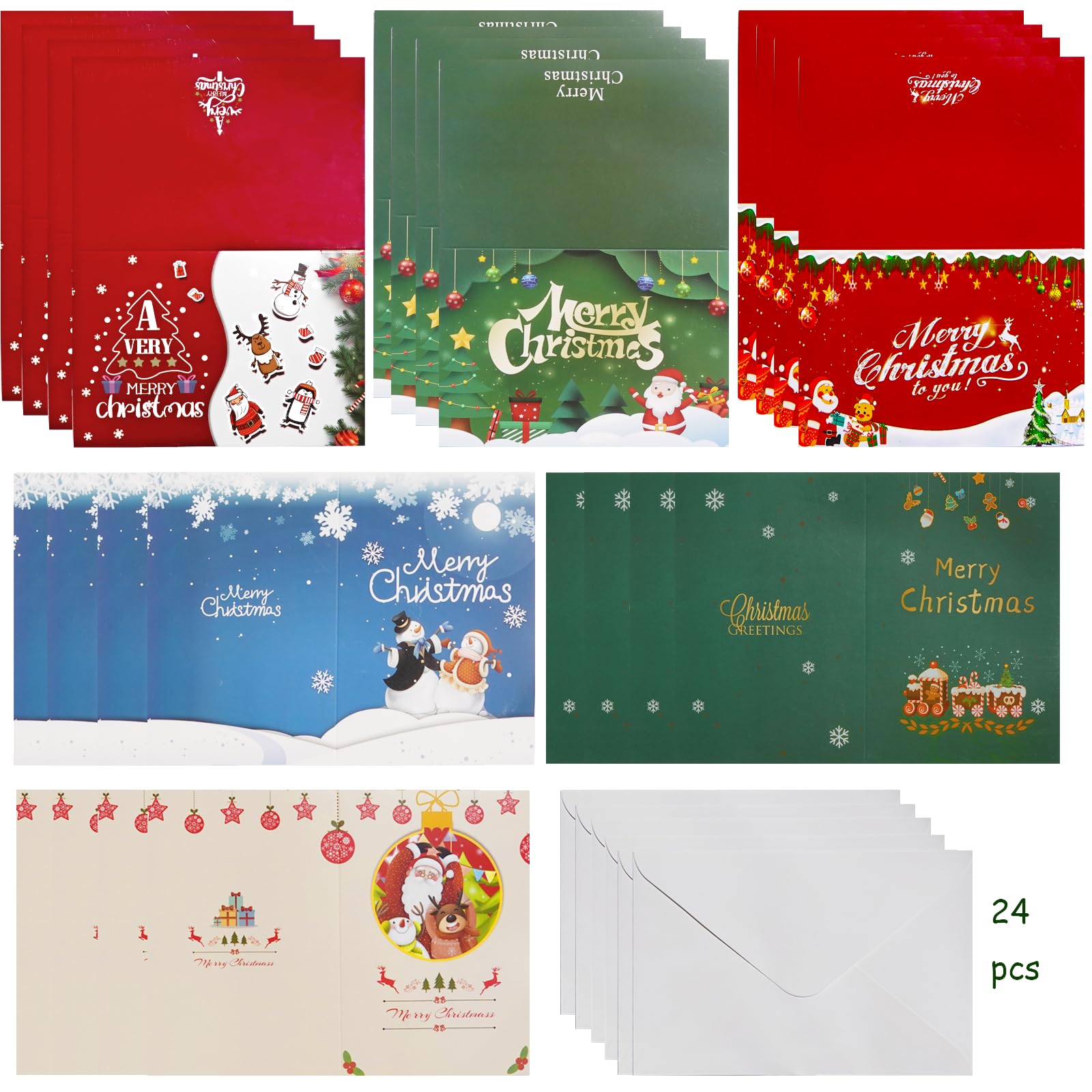 24 Pcs Christmas Greeting Cards with Envelope, Xmas Thank You Cards with 6 Patterns, Assorted Happy Holiday Cards Gifts for Family, Friends on Christmas, New Year 4 x 6 Inches