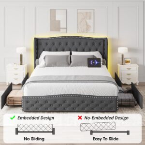 Vabches Queen Bed Frame with 4 Storage Drawers and Wingback Headboard, Upholstered Platform Bed Frame with LED Light & 2 Charging Station, Button Tufted and Rivet, No Box Spring Needed, Dark Grey