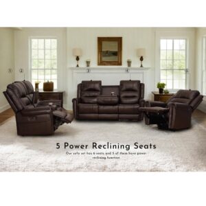 Power Recliner Sofa Set, Genuine Top Grain Leather Dual Motor Reclining Couch Set with Dropdown Table and Adjustable Headrest, 3 Piece Living Room Set with Loveseat, Console (Brown, 6-Seats Sofa Set)