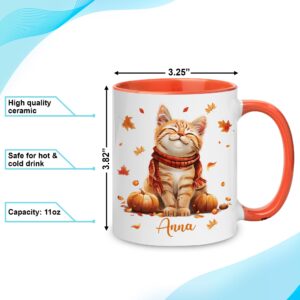 Hyturtle Personalized Fall Cat Mug - Cat Gifts For Women - Autumn Cat Gift For Cat Lovers - Fall Gift - Fall Autumn Decor Gift - Cat Gifts - Pet Gifts - Custom Name Coffee Cup Ceramic Mug 11oz - 15oz