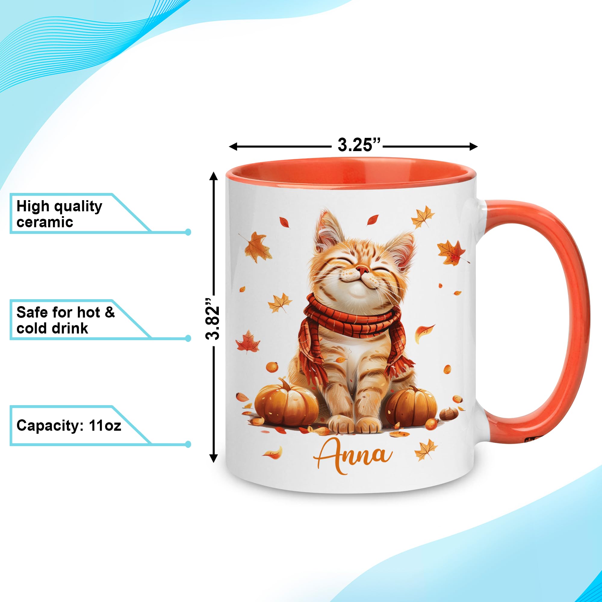 Hyturtle Personalized Fall Cat Mug - Cat Gifts For Women - Autumn Cat Gift For Cat Lovers - Fall Gift - Fall Autumn Decor Gift - Cat Gifts - Pet Gifts - Custom Name Coffee Cup Ceramic Mug 11oz - 15oz