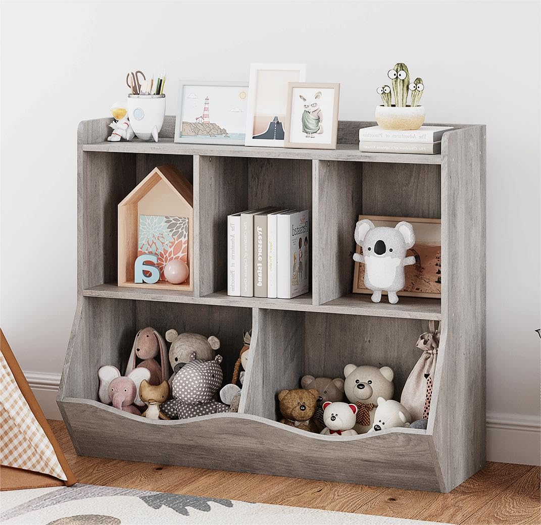 ELETHEBIA Grey Toy Bookcase & Bookshelf, Stylish Multi-Shelf Storage Organizer Cabinet with Cubby Spaces for Books and Toys, for Bedroom, Playroom and Hallway