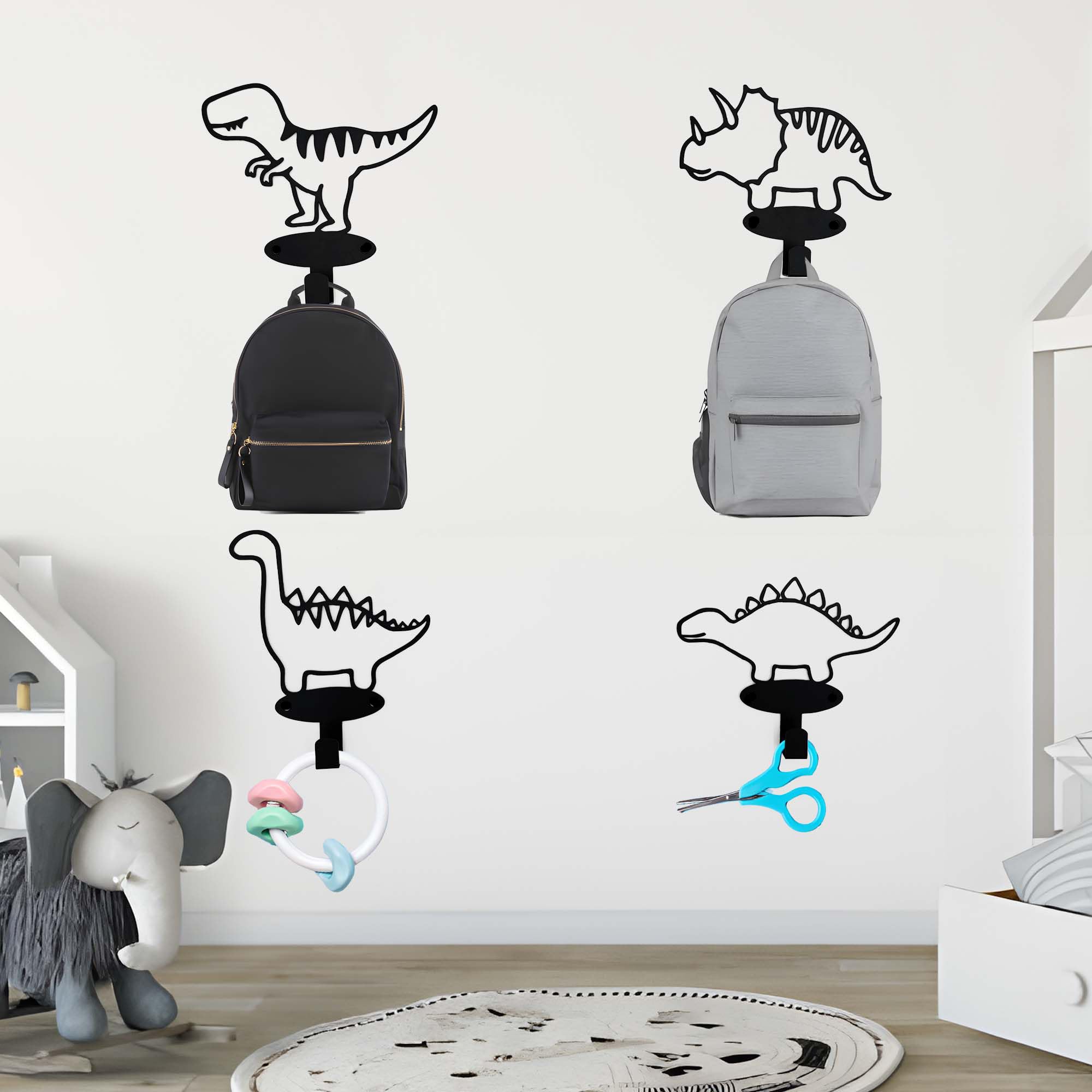 4 Piece Set Cartoon Dinosaur Silhouette Shape Coat Hooks Wall Mounted Matte Black Metal Wall Hanger Hooks for Coat Hat Garments Leashes Modern Minimalist Design Dinosaur Room Decor for Boys Girls Kids