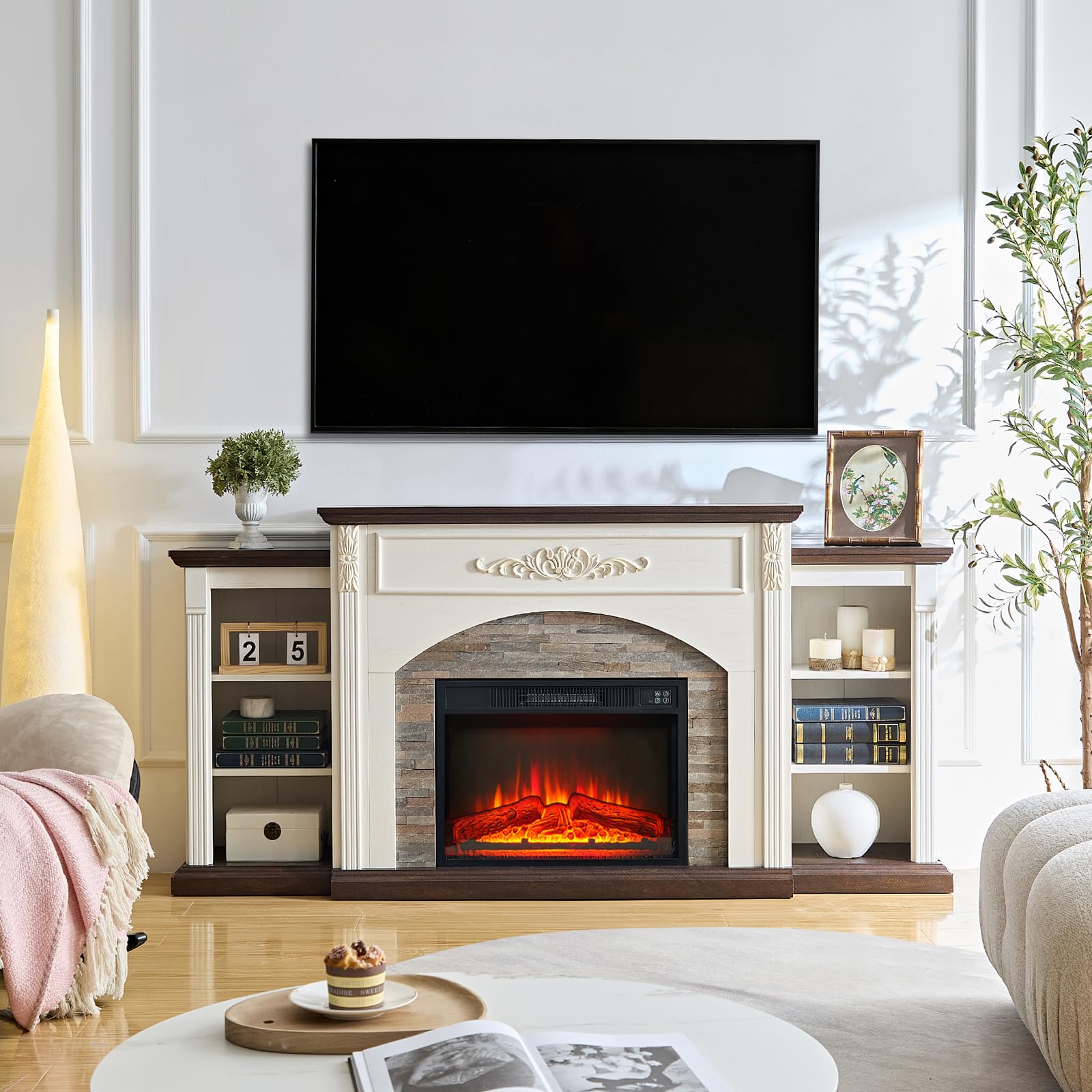 72" Electric Fireplace with Mantel, White TV Stand for TVs Up to 80 Inch, Farmhouse Entertainment Center with Storage for Bedroom,23'' Fireplace Insert Heater for Living Room