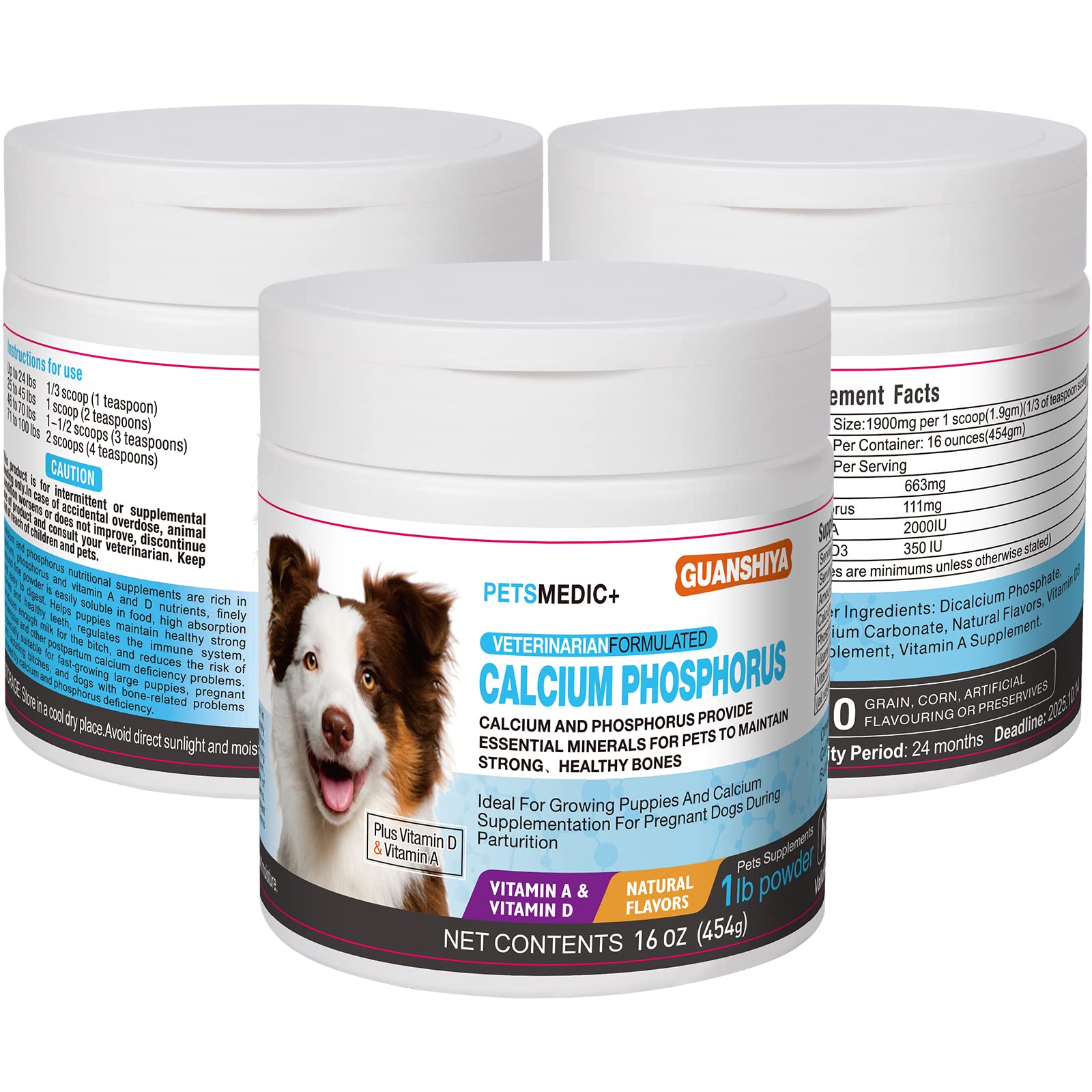 16 OZ Dog Calcium Supplement with Phosphorus & Vitamin D, Calcium Powder for Dogs Promotes Optimal Bone Development for Puppies Aged 8 Weeks and Up, No Color