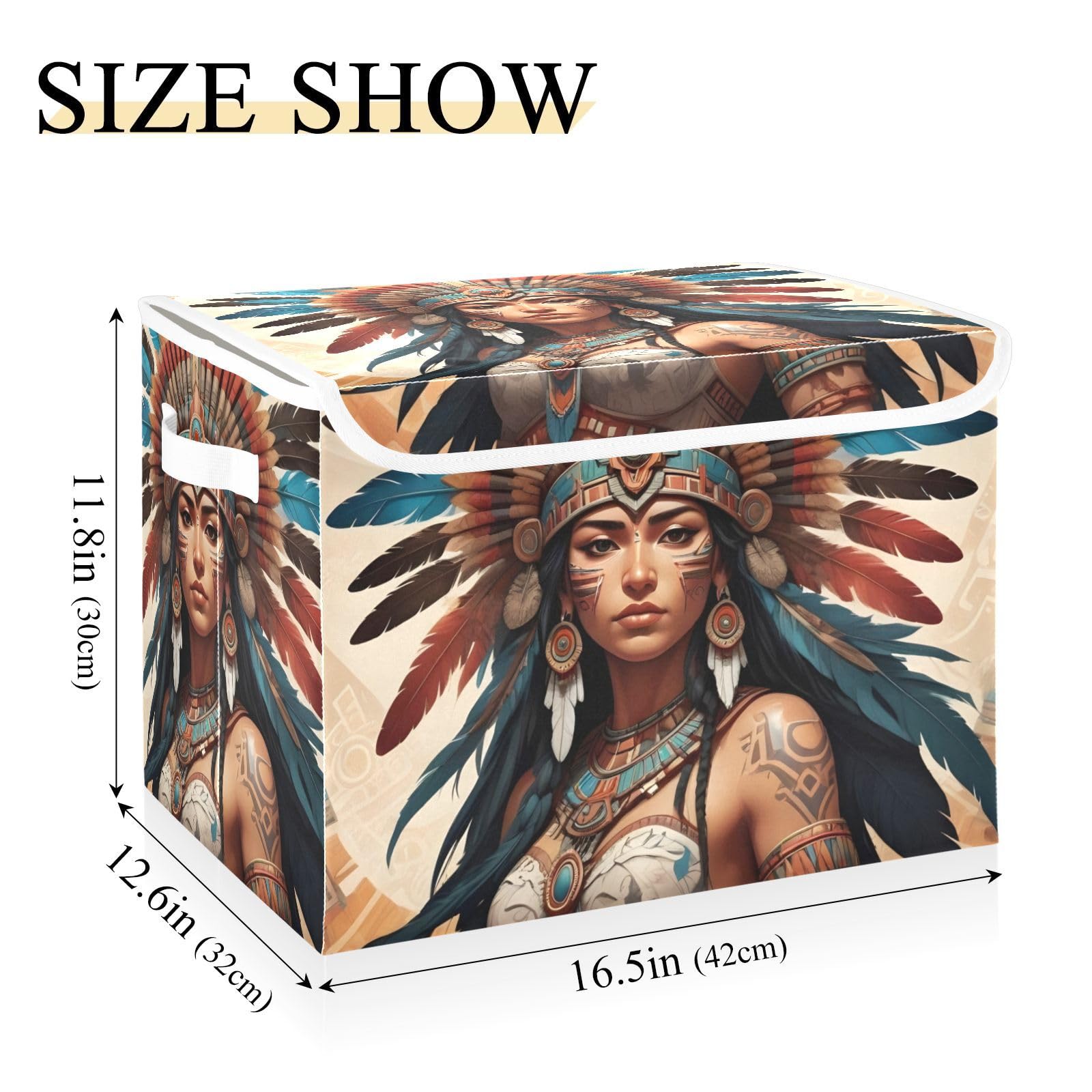 YMGQYJ Storage Cube with Lid Aztec Woman Print Collapsible, Large Capacity Foldable Storage Basket Bin Organizer 16.5×12.6×11.8 IN