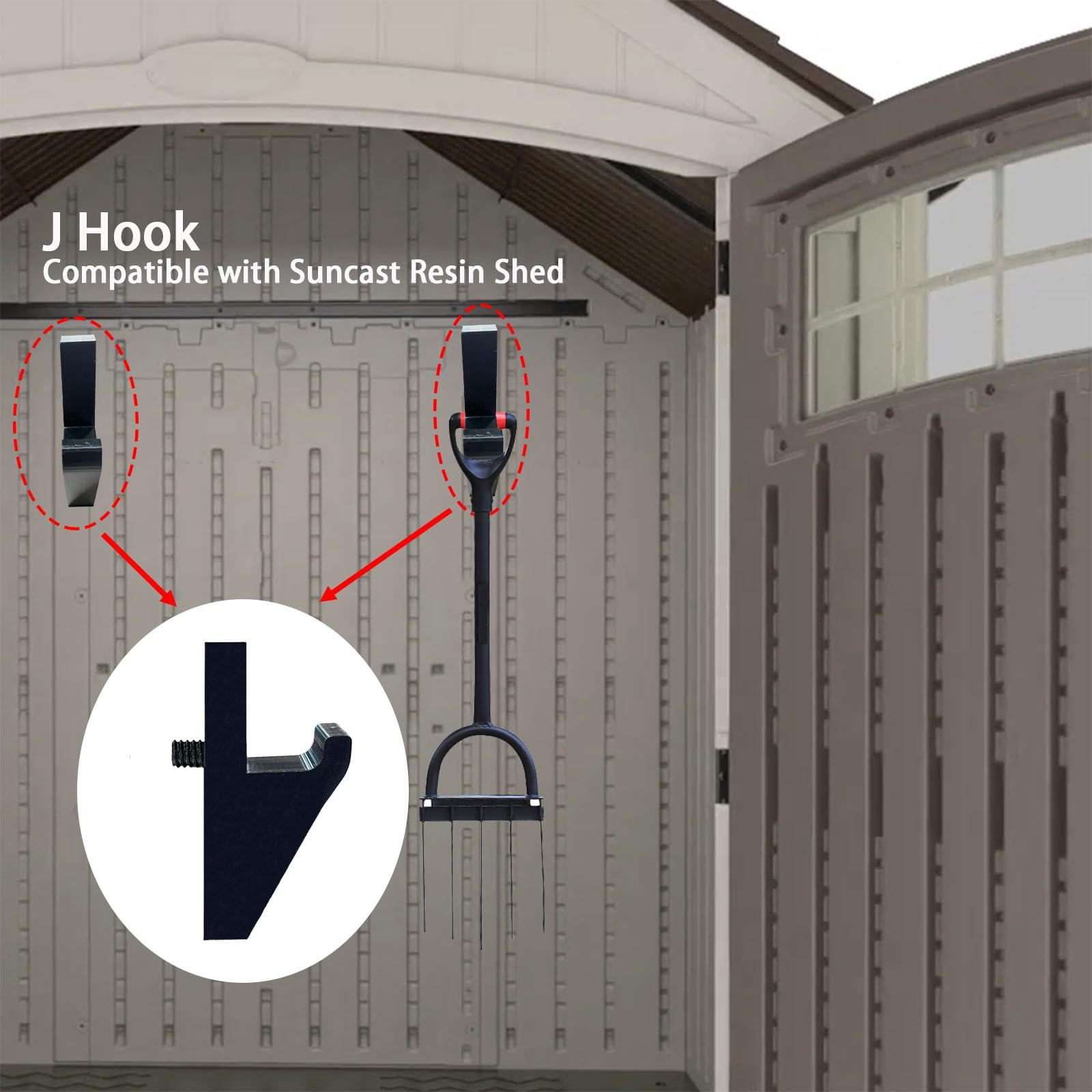 spansee J Hook Compatible with Suncast Resin Shed, Shed Hooks Compatible with Craftsman Shed, Garden Tool Rack Compatible with Suncast Sheds, Tool Hanging Organizer