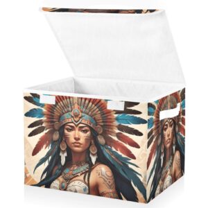 YMGQYJ Storage Cube with Lid Aztec Woman Print Collapsible, Large Capacity Foldable Storage Basket Bin Organizer 16.5×12.6×11.8 IN