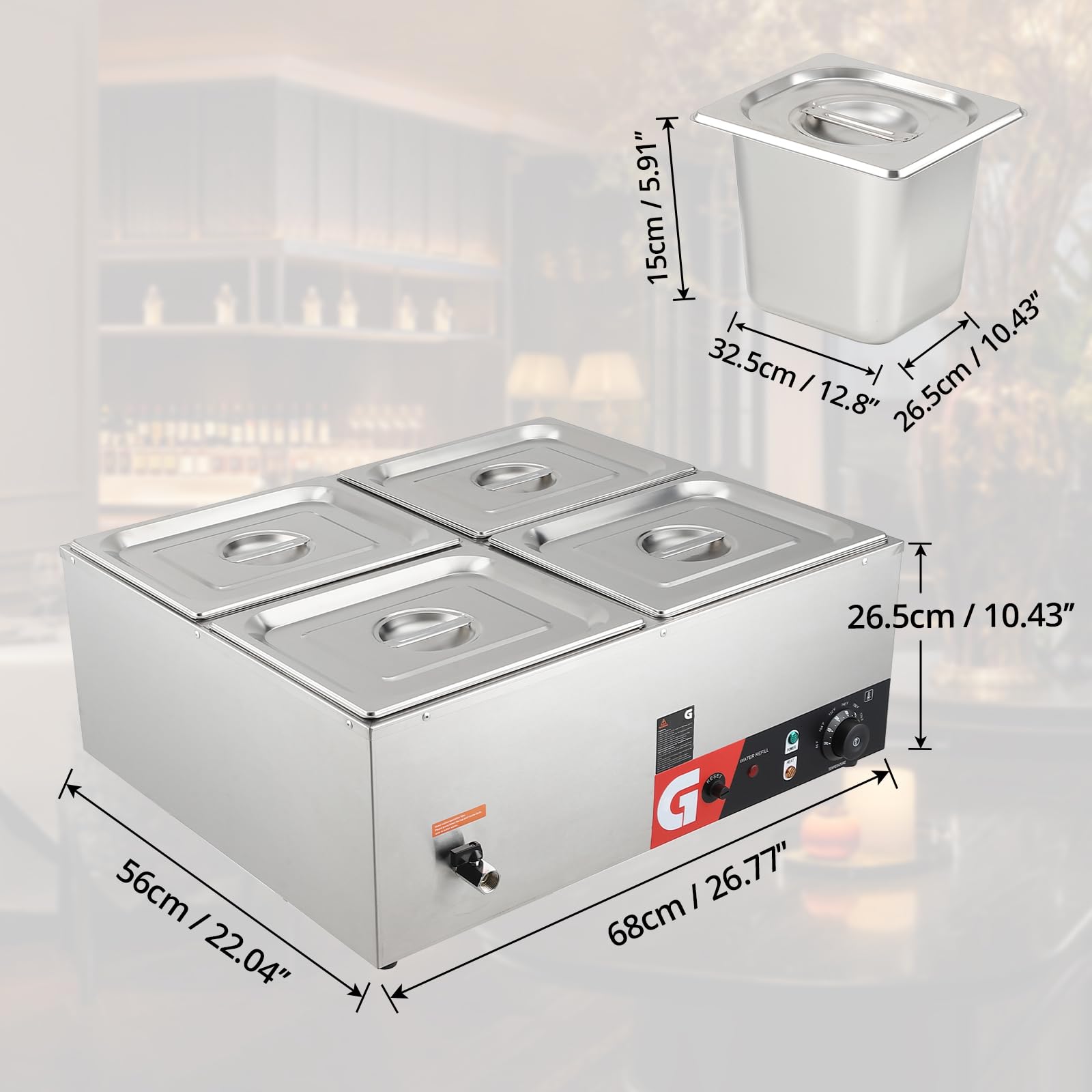 Takywep 4 Pans Commercial Food Warmer - 4 x 10.5QT, 1200W Electric Steam Table, Professional Countertop Stainless Steel Buffet Bain Marie, 86-185°F Temp Control, Ideal for Catering and Restaurants