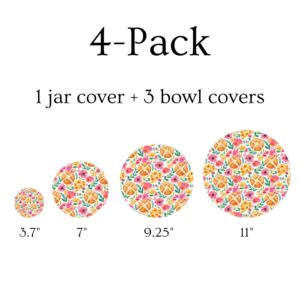 (4-Pack) Sourdough Reuseable Jar & Bowl Covers | Cute Baking Gift | 100% Cotton (3.7in, 7in, 9.25in, 11in) | Washable | Bread Making and Proofing | Kitchen Food Storage Gifting | Starter Cover Lid Kit