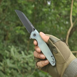 EMHTiii D2 Steel Folding Pocket Knife with Reversible Clip: 3.14" Black Sheepsfoot Blade, Liner Lock, G10 Handle, Small EDC Flipper Knives Camping Tool for Man & Women, Transparent Green