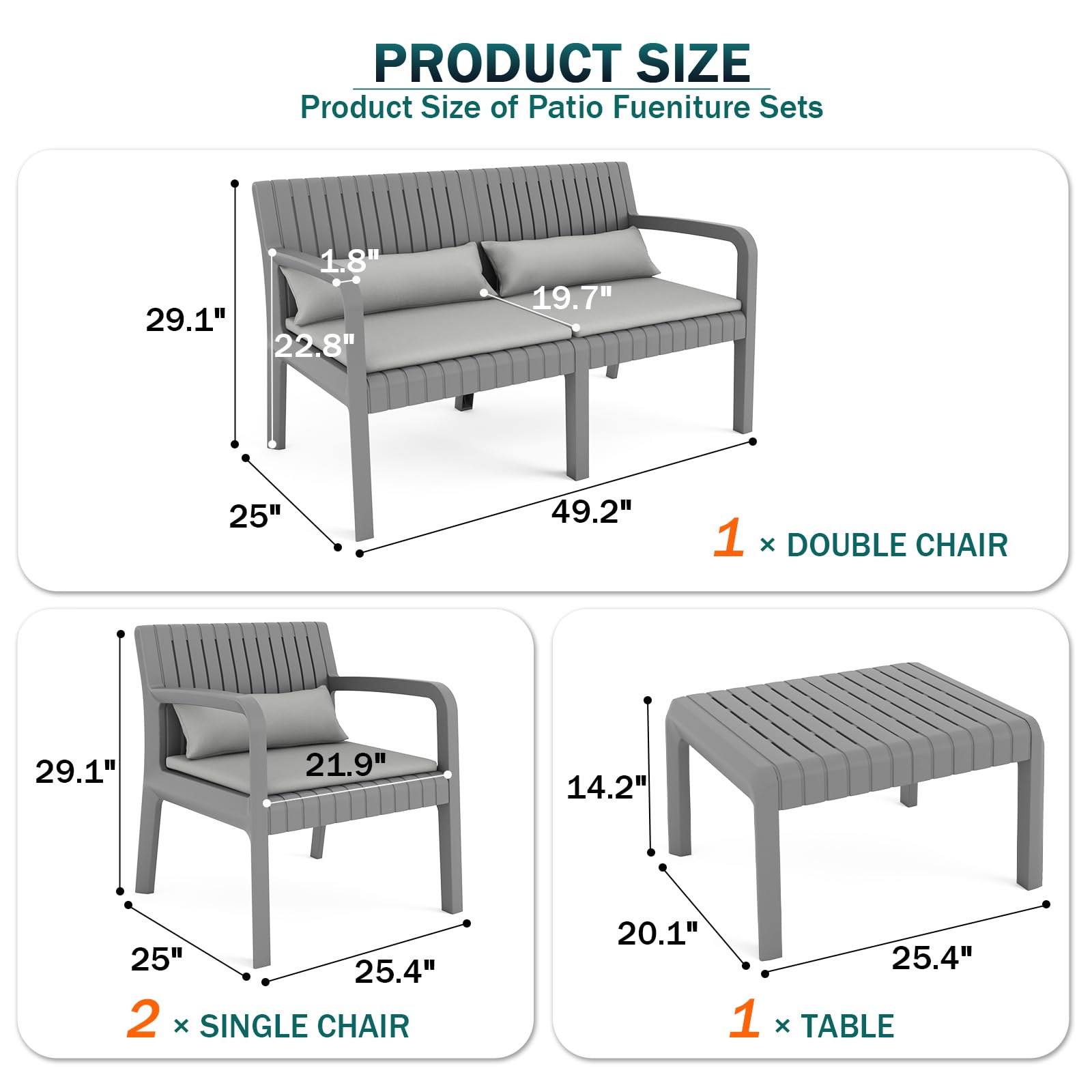 UDPATIO Resin Patio Furniture Set, No Rust Modular Outdoor Sectional Sofa Set, All Weather Patio Conversation Set, for Backyard, Deck, Poolside with Coffee Table, 4pc Grey