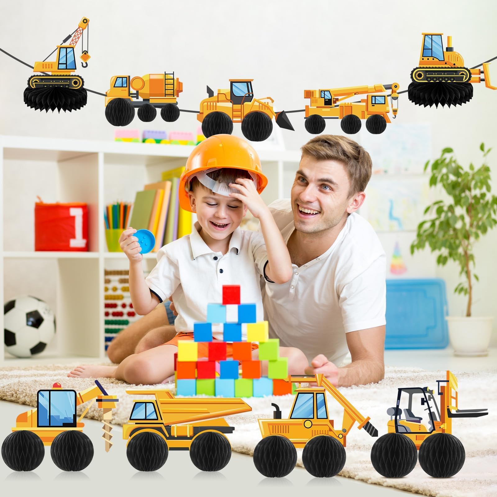 Justforjoyful 9PCS Construction Birthday Party Supplies Construction Honeycomb Centerpieces Construction Car 3D Table Toppers Dump Truck Party Decors for Kids Boys Baby Shower Birthday Party Favors