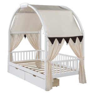 VilroCaz Multi-Functional Twin Size Daybed with 2 Drawers and Arched Roof Canopy, Solid Wood House Bed with Fabrics Curtain and Light Strip for Kids Teens Boys Girls, Sturdy Slat Support (White-Arch)