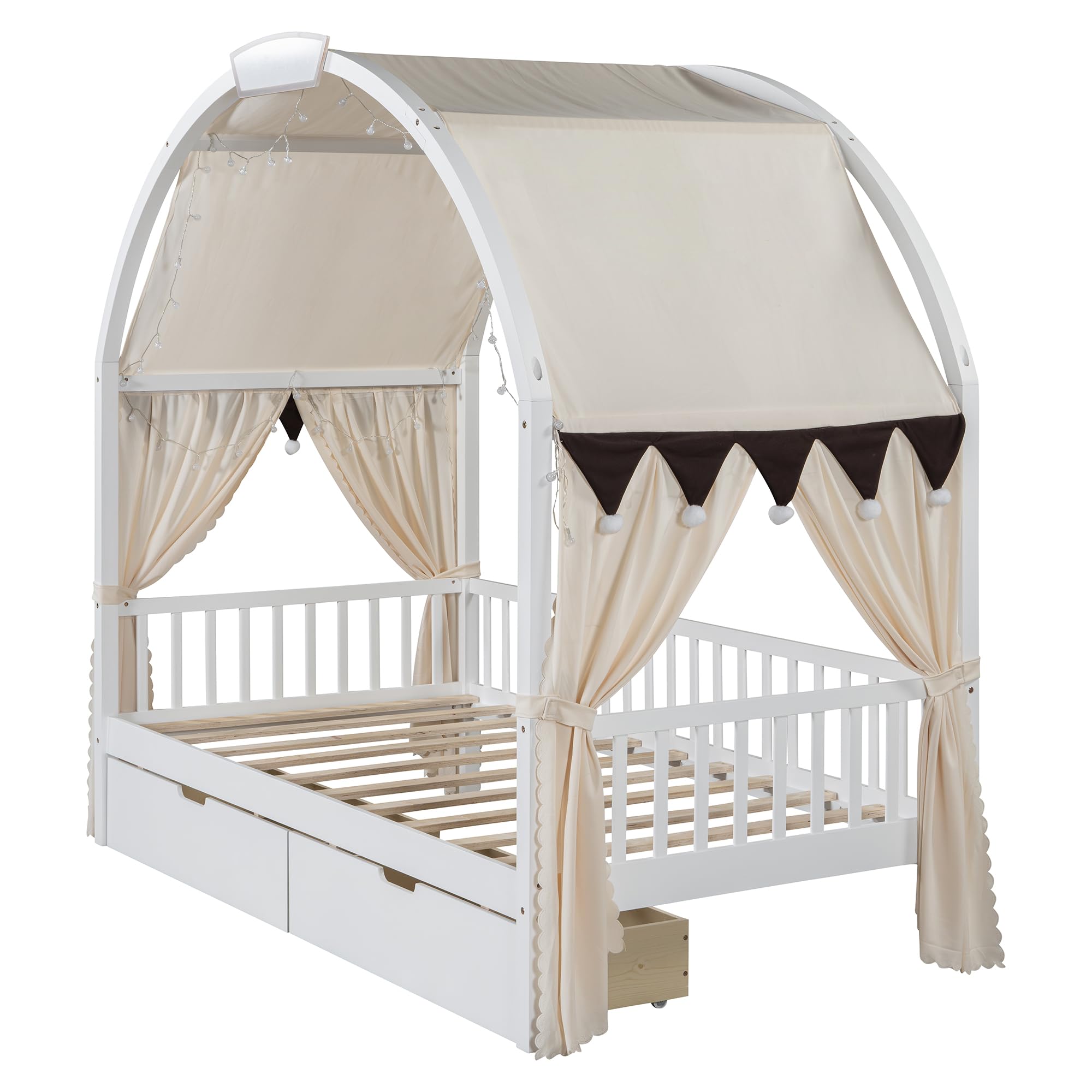 VilroCaz Multi-Functional Twin Size Daybed with 2 Drawers and Arched Roof Canopy, Solid Wood House Bed with Fabrics Curtain and Light Strip for Kids Teens Boys Girls, Sturdy Slat Support (White-Arch)