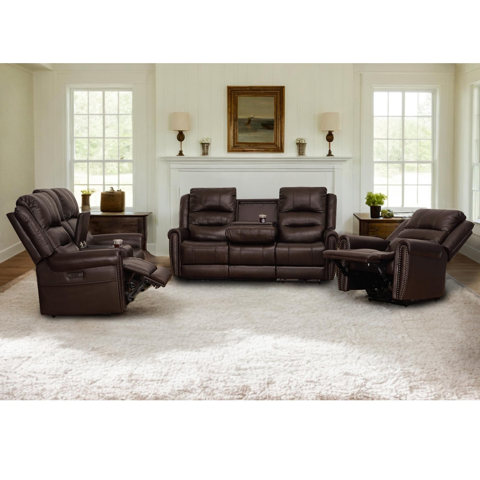 Power Recliner Sofa Set, Genuine Top Grain Leather Dual Motor Reclining Couch Set with Dropdown Table and Adjustable Headrest, 3 Piece Living Room Set with Loveseat, Console (Brown, 6-Seats Sofa Set)