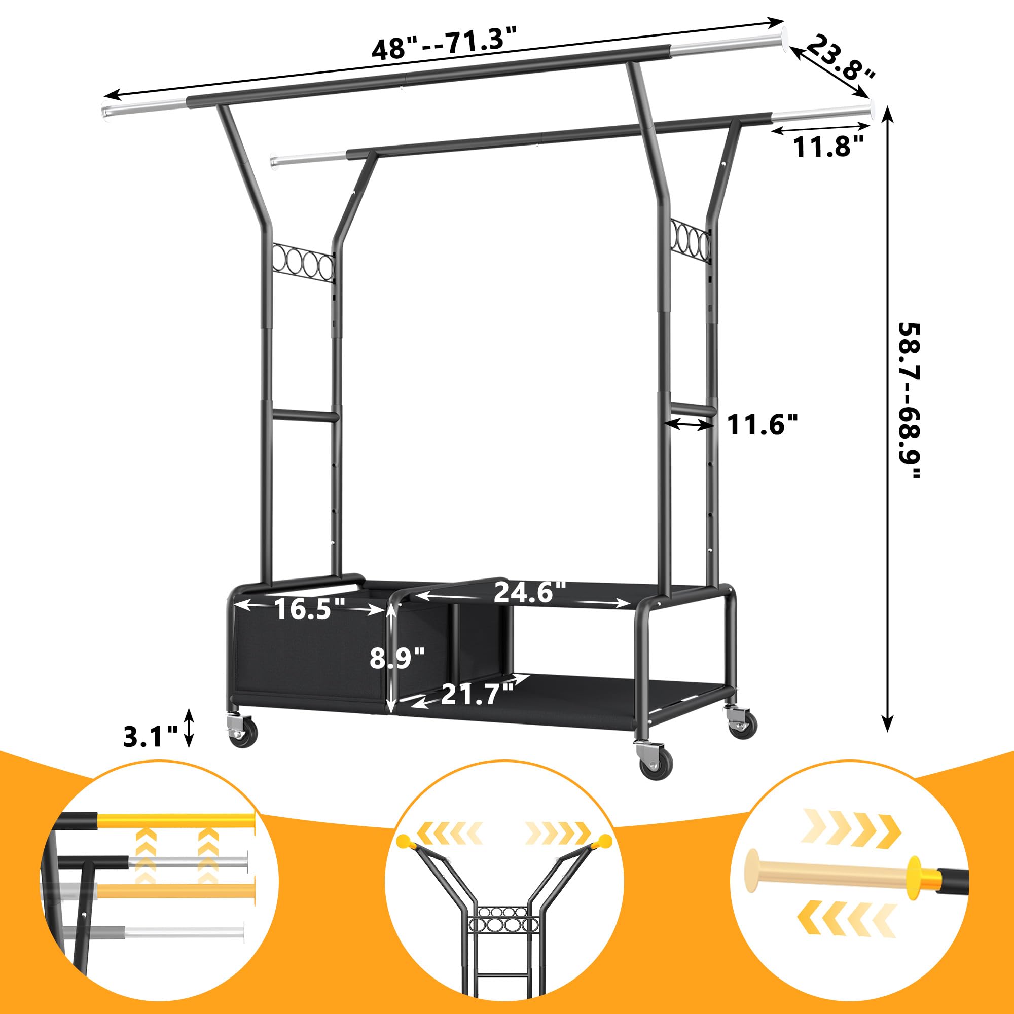 Raybee Clothes Racks for Hanging Clothes with Shelves, Adjustable Clothing Rack with Lockable Wheels, Multi-Functional Closet Rack For Bedroom, Heavy Duty Garment Racks for Hanging 220+ Clothes