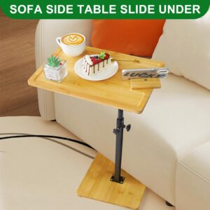 TV Tray Table 360° Swivel Sofa Couch Armrest Tray Bamboo Side Table C Shaped End Table for Small Spaces Snack Dinner Bed Eating Couch Tables That Slide Under