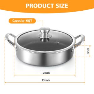 Toutrop Stainless Steel Saute Pan 12 inch Deep Frying Pan,6 Quarts Nonstick Skillet Large Sauté Pan with Lid,PFOA Free Cookware,Induction Compatible Chef Cooking Pan,Dishwasher & Oven Safe