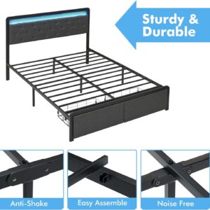 IDEALHOUSE Queen Bed Frame with 2 Storage Drawers, LED Lights Upholstered Platform Bed with Heavy Duty Metal Slats, No Box Spring Needed, Noise Free, Easy Assembly