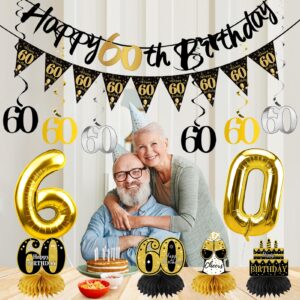 Guiruiy 13PCS 60th Birthday Decorations for Men Women, Black Gold Happy 60 Birthday Banner Centerpieces Swirls Balloons Kit Party Supplies, Sixty Years Old Bday Ceiling Table Topper Decor