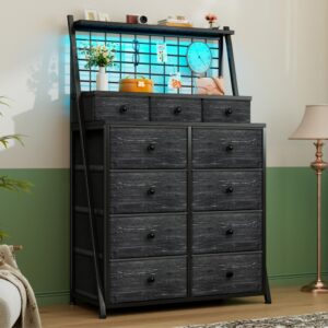 enhomee 51"h,dresser for bedroom with 11 fabric drawers,tall dresser with led lights,black dressers & chests of drawers for bedroom,drawers for bedroom,living room,closet,wooden top,steel frame,black