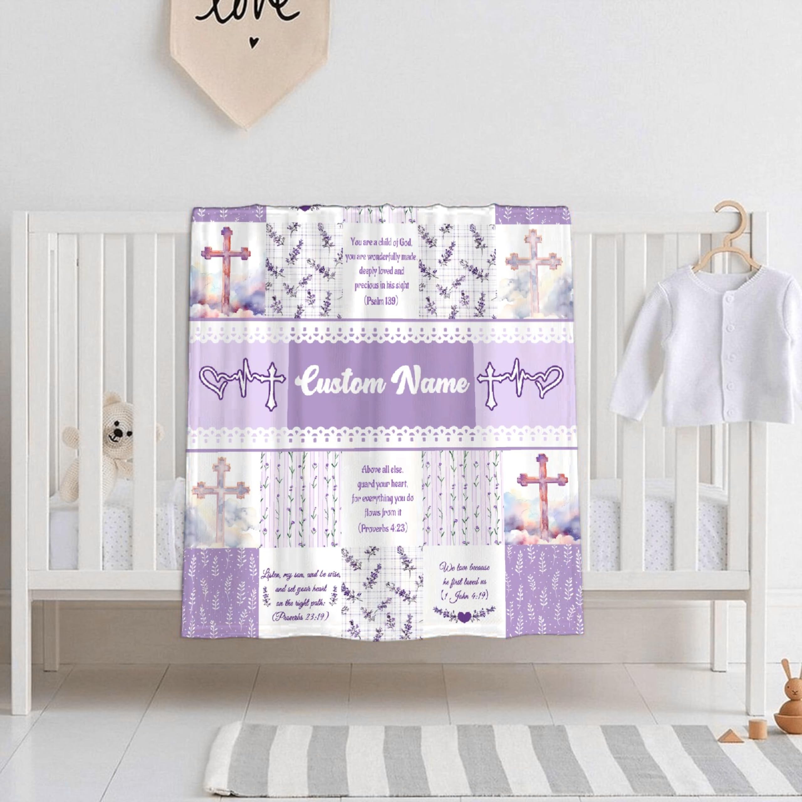 Personalized Christian Baptism Baby Blanket, Custom Baby Blanket with Name, Floral Plaid Patchwork God Bless Infant Bed Blanket, Customized Christian Gifts for Birthday/Shower Nursery Blanket 30"x40"