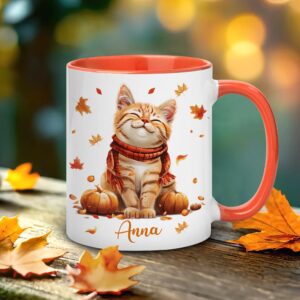 Hyturtle Personalized Fall Cat Mug - Cat Gifts For Women - Autumn Cat Gift For Cat Lovers - Fall Gift - Fall Autumn Decor Gift - Cat Gifts - Pet Gifts - Custom Name Coffee Cup Ceramic Mug 11oz - 15oz