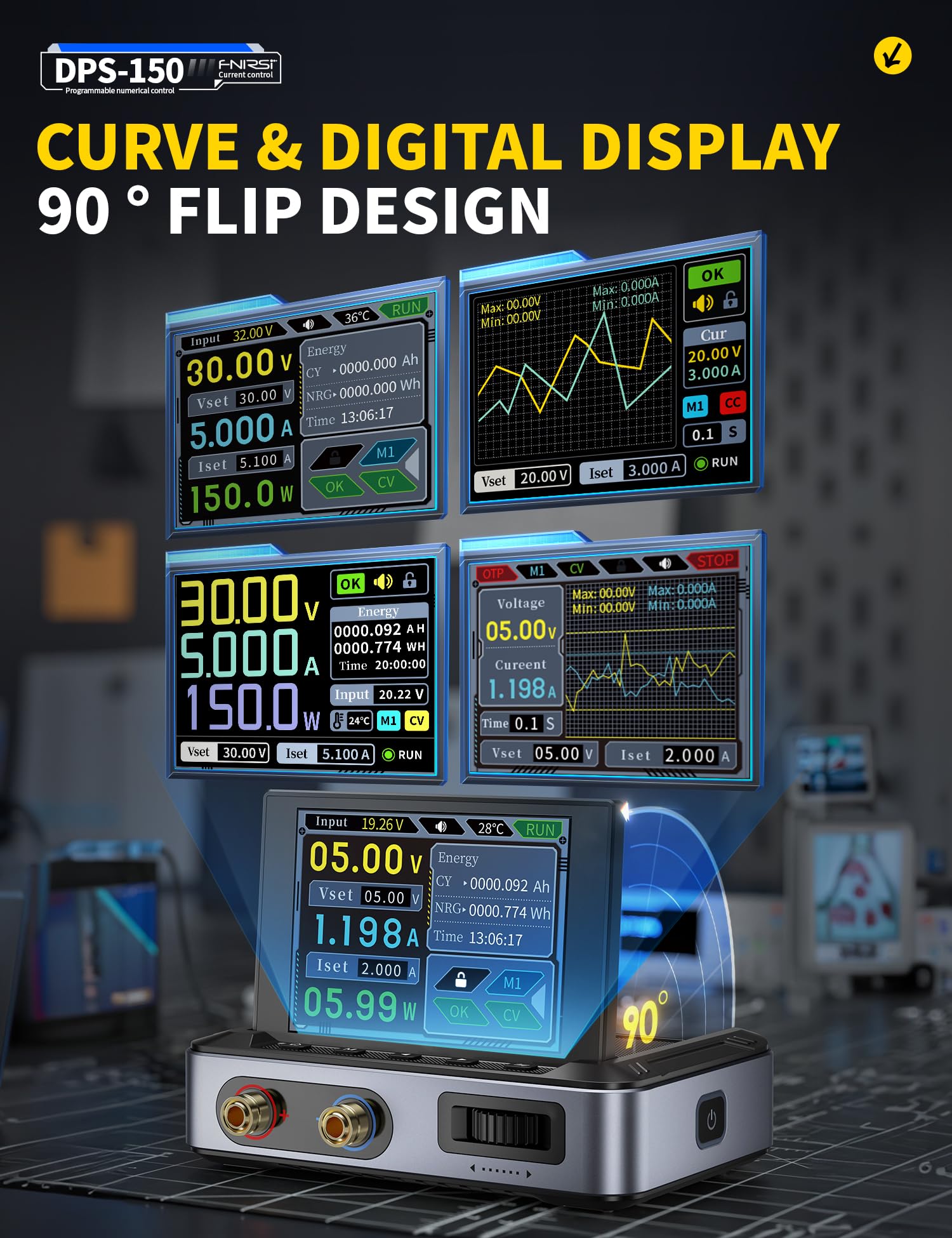 FNIRSI DPS-150 DC Power Supply Variable, 30V 5A Adjustable DC CNC Power Supply with 4-Digit IPS Display, <20mV Power Ripple, PD/QC/DC Input, PC Programmable Switching Power Supply (NO Power Adapter)