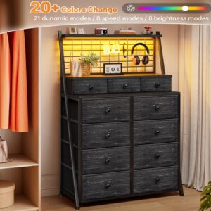 EnHomee 51"H,Dresser for Bedroom with 11 Fabric Drawers,Tall Dresser with LED Lights,Black Dressers & Chests of Drawers for Bedroom,Drawers for Bedroom,Living Room,Closet,Wooden Top,Steel Frame,Black