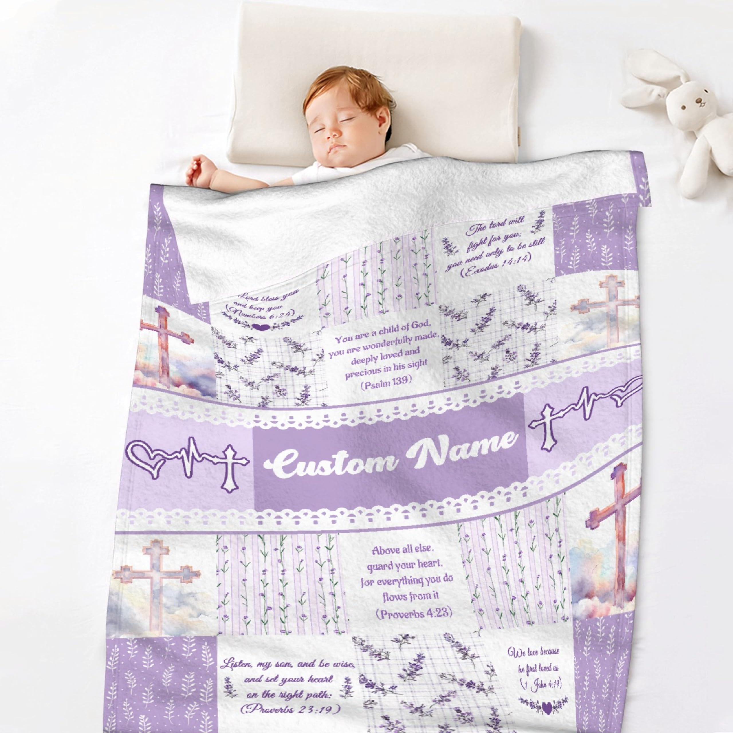 Personalized Christian Baptism Baby Blanket, Custom Baby Blanket with Name, Floral Plaid Patchwork God Bless Infant Bed Blanket, Customized Christian Gifts for Birthday/Shower Nursery Blanket 30"x40"