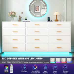 White 12 Drawers Dresser w/Power Outlet,60000-Colors Lights,63In Long Dresser Chest for Bedroom,Wooden Tall Large Capacity Clothing Storage Cabinet for Living Room(White,12 Drawers Dresser)