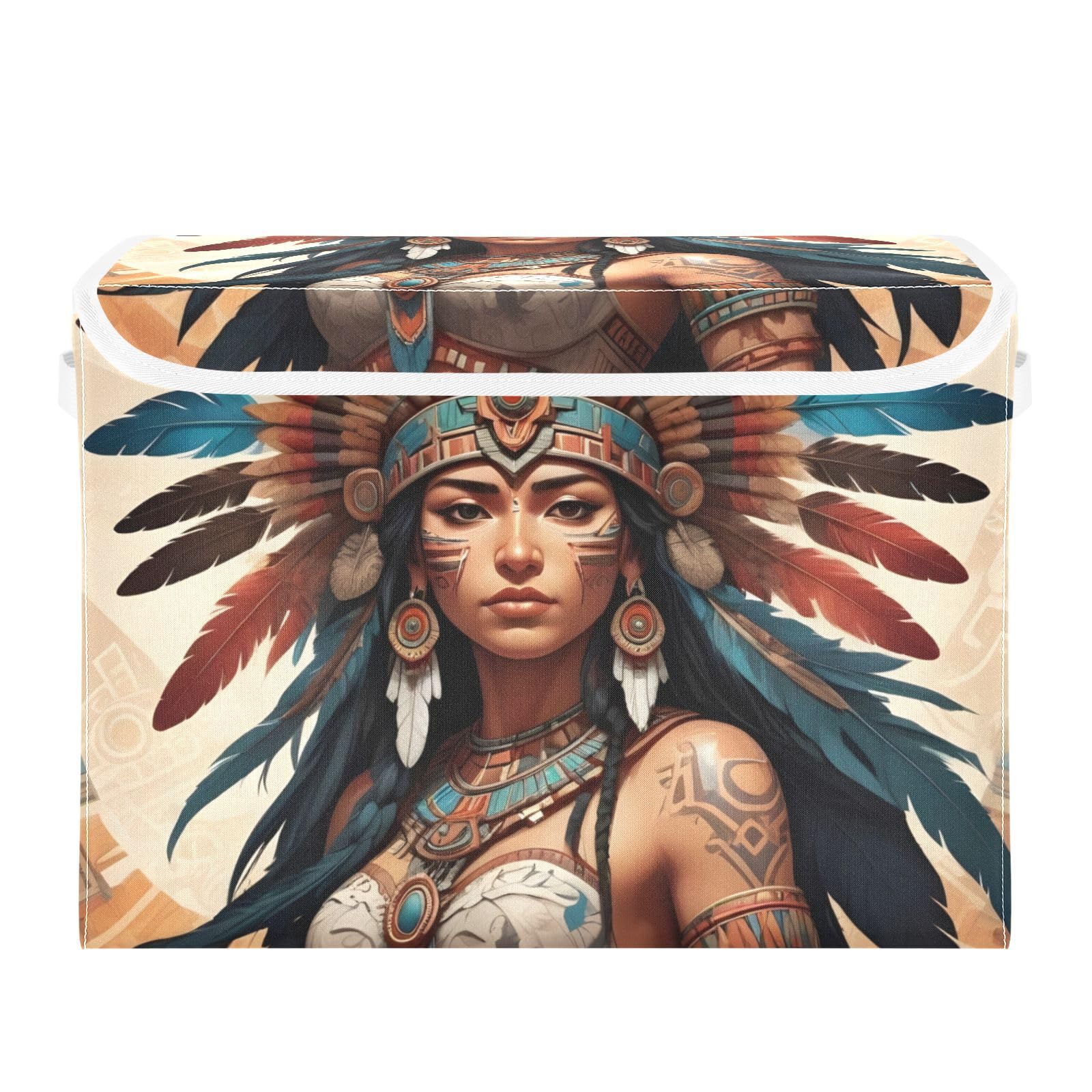 YMGQYJ Storage Cube with Lid Aztec Woman Print Collapsible, Large Capacity Foldable Storage Basket Bin Organizer 16.5×12.6×11.8 IN